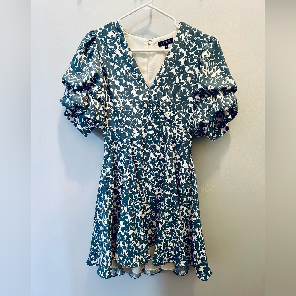 1.STATE Blue Floral V-Neck Puff Sleeve Mini Dress NWOT